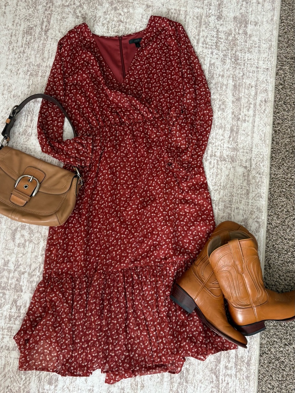 J. Crew Brick Red Floral Long-Sleeve Midi Dress